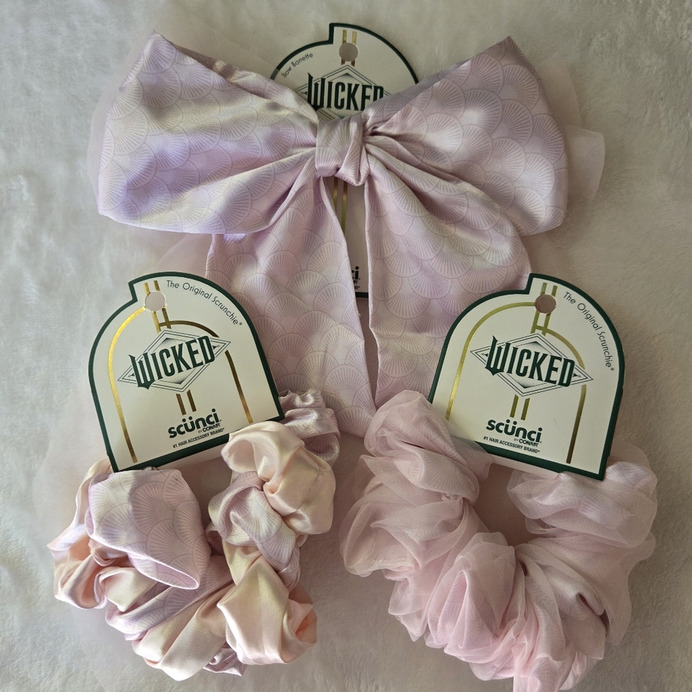 Wicked Glinda Scunci 3 Pack - 2 Pink Scrunchies and 1 Bow Barette Hair Clip NWT